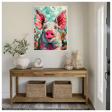 Pig in Flowers by Justyna Jaszke Framed Canvas Wall Art Print