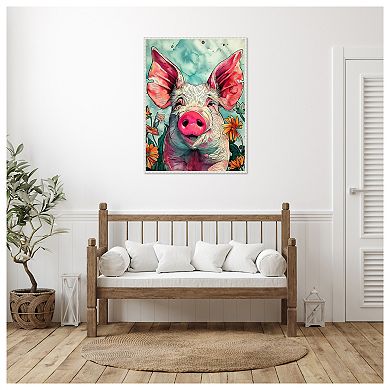 Pig in Flowers by Justyna Jaszke Framed Canvas Wall Art Print