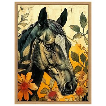 Dark Horse in Flowers by Justyna Jaszke Framed Canvas Wall Art Print