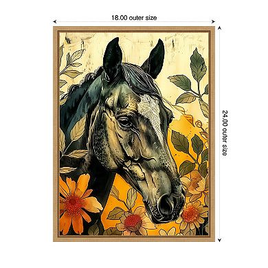 Dark Horse in Flowers by Justyna Jaszke Framed Canvas Wall Art Print