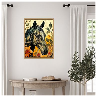 Dark Horse in Flowers by Justyna Jaszke Framed Canvas Wall Art Print