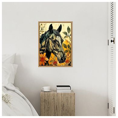 Dark Horse in Flowers by Justyna Jaszke Framed Canvas Wall Art Print