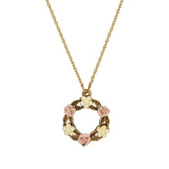 1928 14k Gold Dipped Simulated Pearl & Porcelain Flower Pendant Necklace