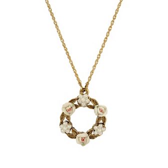 1928 14k Gold Dipped Simulated Pearl & Porcelain Flower Pendant Necklace