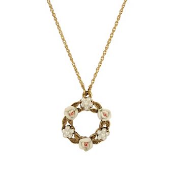 1928 14k Gold Dipped Simulated Pearl & Porcelain Flower Pendant Necklace