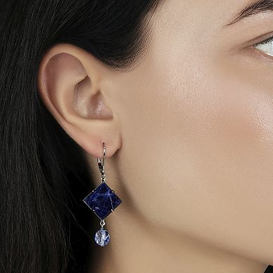 1928 Square Simulated Stone & Round Bead Drop Leverback Earrings