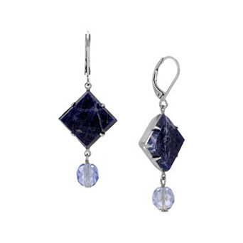 1928 Square Simulated Stone & Round Bead Drop Leverback Earrings