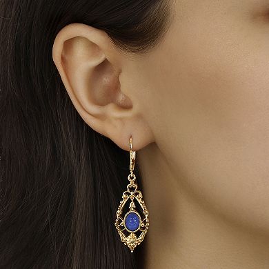 1928 Gold-Tone Teardrop Oval Simulated Stone Leverback Earrings