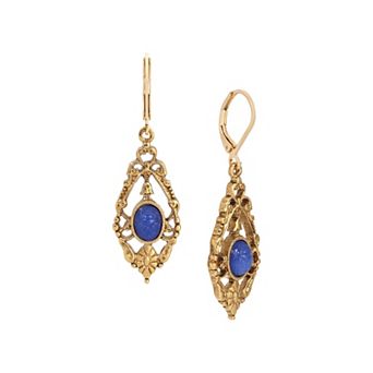 1928 Gold-Tone Teardrop Oval Simulated Stone Leverback Earrings