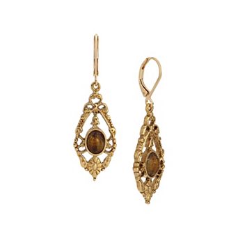 1928 Gold-Tone Teardrop Oval Simulated Stone Leverback Earrings