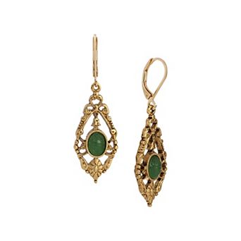 1928 Gold-Tone Teardrop Oval Simulated Stone Leverback Earrings