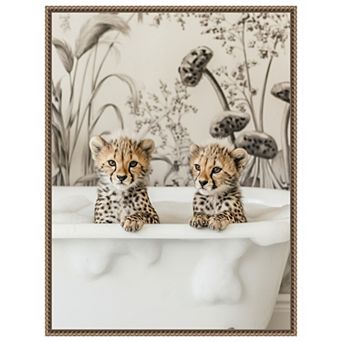 Cheetah Cub Bath by Niky Rahner Framed Canvas Wall Art Print