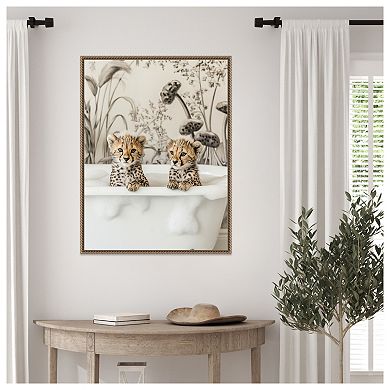 Cheetah Cub Bath by Niky Rahner Framed Canvas Wall Art Print