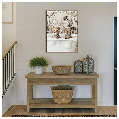 Cheetah Cub Bath by Niky Rahner Framed Canvas Wall Art Print