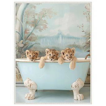 Blue Lagoon Lion Cubs by Niky Rahner Framed Canvas Wall Art Print