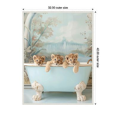 Blue Lagoon Lion Cubs by Niky Rahner Framed Canvas Wall Art Print