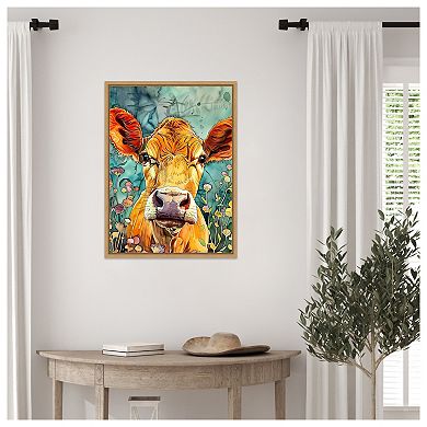 Cow in Flowers by Justyna Jaszke Framed Canvas Wall Art Print