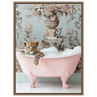 Leopard Pink Bubble Bath by Niky Rahner Framed Canvas Wall Art Print