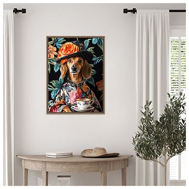 Tea Time Dachshund by Mowzu Framed Canvas Wall Art Print
