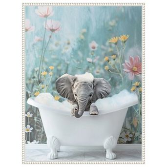Blue Blossom Elephant Bath by Niky Rahner Framed Canvas Wall Art Print