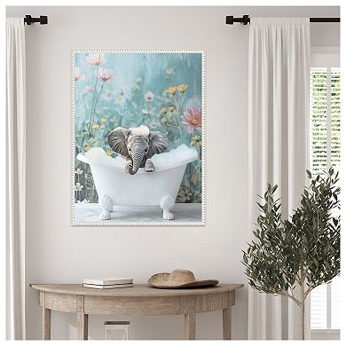 Blue Blossom Elephant Bath by Niky Rahner Framed Canvas Wall Art Print
