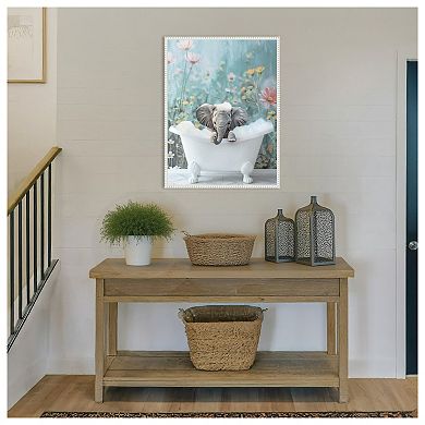 Blue Blossom Elephant Bath by Niky Rahner Framed Canvas Wall Art Print