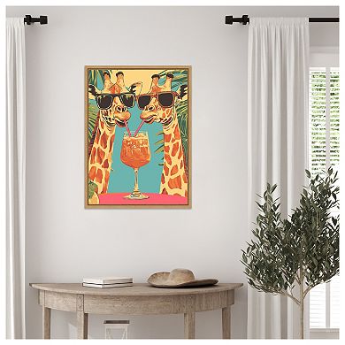 Giraffes Sharing a Drink by Andreas Magnusson Framed Canvas Wall Art Print