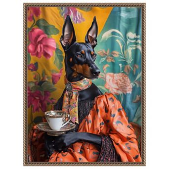 The Tea Connoisseur Doberman by Mowzu Framed Canvas Wall Art Print