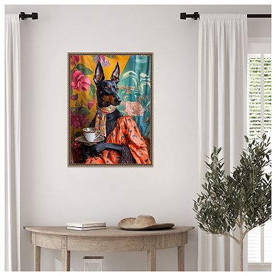 The Tea Connoisseur Doberman by Mowzu Framed Canvas Wall Art Print
