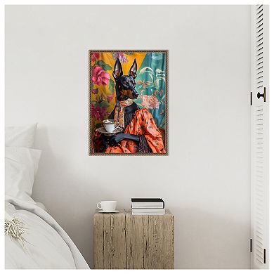 The Tea Connoisseur Doberman by Mowzu Framed Canvas Wall Art Print