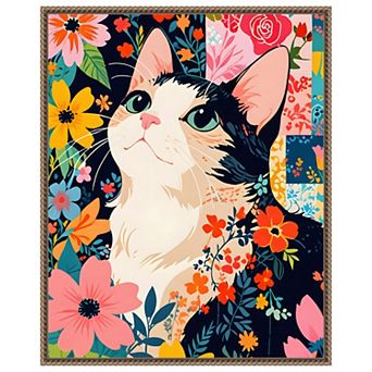Floral Patchwork Cat by Kintsugi99 Framed Canvas Wall Art Print