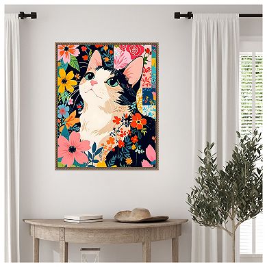 Floral Patchwork Cat by Kintsugi99 Framed Canvas Wall Art Print