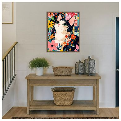 Floral Patchwork Cat by Kintsugi99 Framed Canvas Wall Art Print