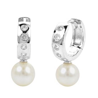 PearLustre by Imperial Sterling Silver Freshwater Cultured Pearl & Created White Sapphire Huggie Hoop Earrings