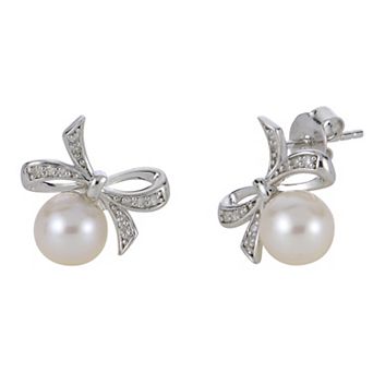 PearLustre by Imperial Sterling Silver Freshwater Cultured Pearl & Diamond Accent Bow Earrings
