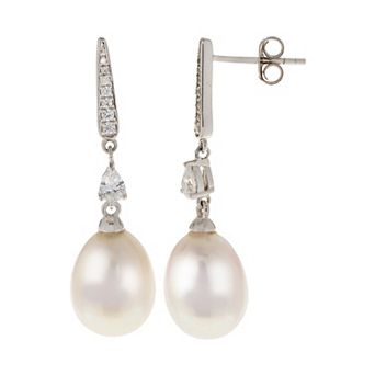 PearLustre by Imperial Sterling Silver Freshwater Cultured Pearl & White Topaz Drop Earrings