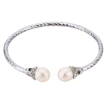 PearLustre by Imperial Diamond Cut Sterling Silver Freshwater Cultured Pearl & Cubic Zirconia Cuff Bracelet