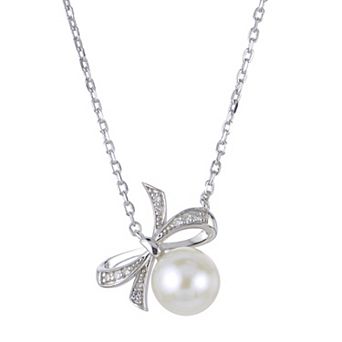 PearLustre by Imperial Sterling Silver Freshwater Cultured Pearl & Diamond Accent Bow Pendant Necklace