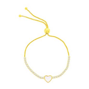 Argento Bella Sterling Silver Mother-of-Pearl Cubic Zirconia Heart Bolo Bracelet