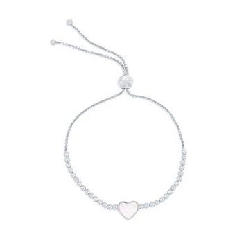 Argento Bella Sterling Silver Mother-of-Pearl Cubic Zirconia Heart Bolo Bracelet