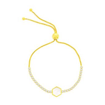 Argento Bella 14k Gold Over Sterling Silver Mother-of-Pearl Hexagon Cubic Zirconia Bolo Bracelet