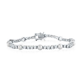 Argento Bella Rhodium Over Sterling Silver Cultured Pearl & Cubic Zirconia Tennis Bracelet