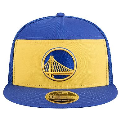 Men's New Era Gold/Royal Golden State Warriors Outdoor Split Panel 9FIFTY Snapback Hat