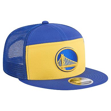 Men's New Era Gold/Royal Golden State Warriors Outdoor Split Panel 9FIFTY Snapback Hat