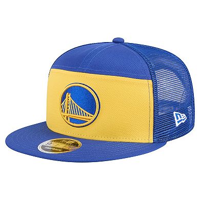 Men's New Era Gold/Royal Golden State Warriors Outdoor Split Panel 9FIFTY Snapback Hat
