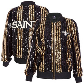 Women's Cuce Black New Orleans Saints Two-Tone Sequin Striped Full-Zip Bomber Jacket
