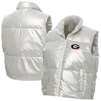 Women's ZooZatz Silver Georgia Bulldogs Metallic Cropped Full-Zip Sleeveless Puffer Vest