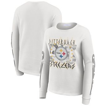Women's WEAR by Erin Andrews White Pittsburgh Steelers Graphic Waffle Long-Sleeve T-Shirt