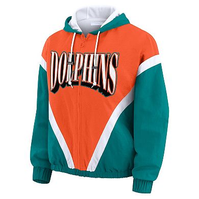 Women's WEAR by Erin Andrews Orange/Aqua Miami Dolphins Retro Crinkle Full-Zip Hoodie Windbreaker
