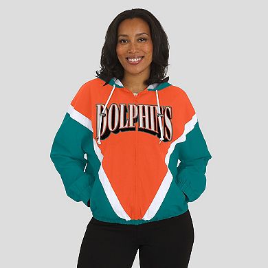 Women's WEAR by Erin Andrews Orange/Aqua Miami Dolphins Retro Crinkle Full-Zip Hoodie Windbreaker